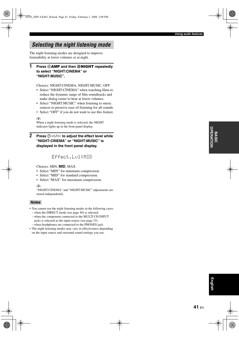 Selecting the night listening mode, Effect.lvl:mid | Yamaha DSP-AX463 User Manual | Page 43 / 90