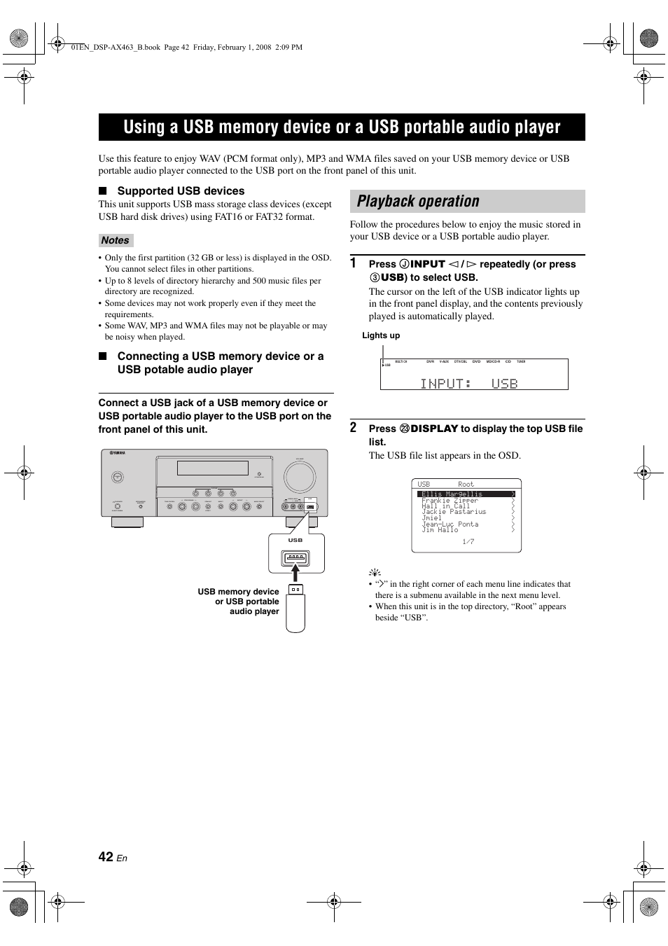 Playback operation, Using a usb memory device or a usb portable, Audio player | P. 42, Input: usb | Yamaha DSP-AX463 User Manual | Page 44 / 90