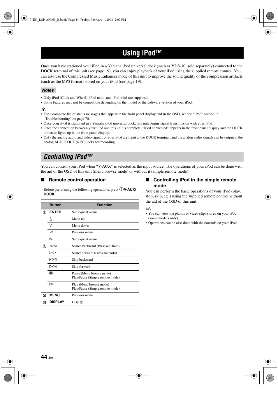 Using ipod, Controlling ipod, P. 44 | Yamaha DSP-AX463 User Manual | Page 46 / 90