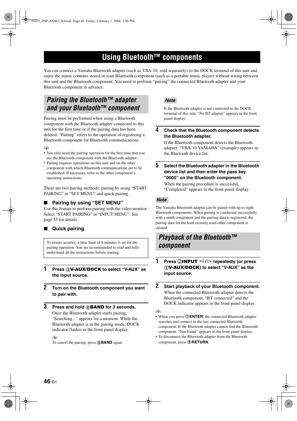 Using bluetooth™ components, Playback of the bluetooth™ component, Pairing the bluetooth™ adapter and your | Bluetooth™ component, P. 46 | Yamaha DSP-AX463 User Manual | Page 48 / 90
