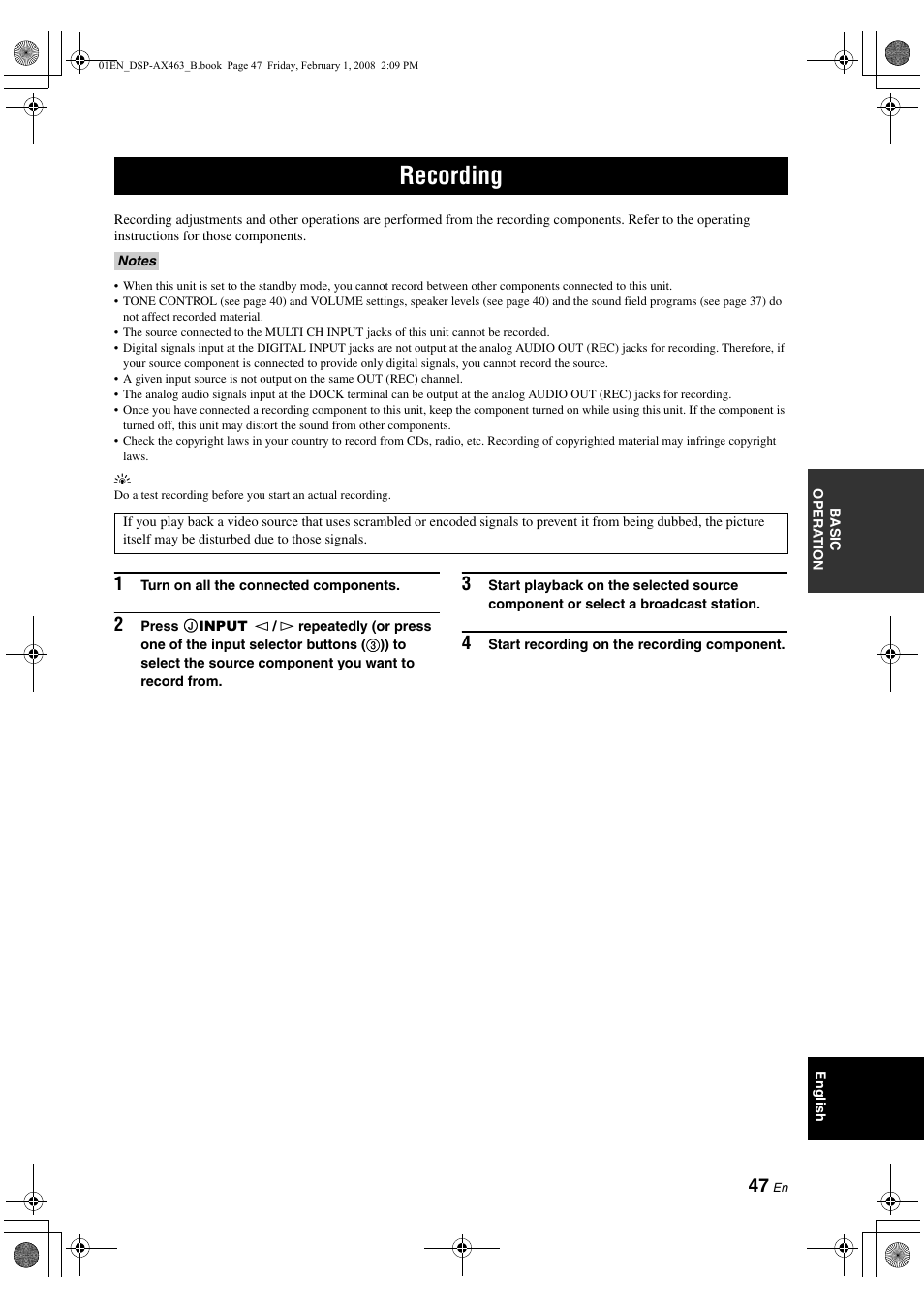 Recording | Yamaha DSP-AX463 User Manual | Page 49 / 90