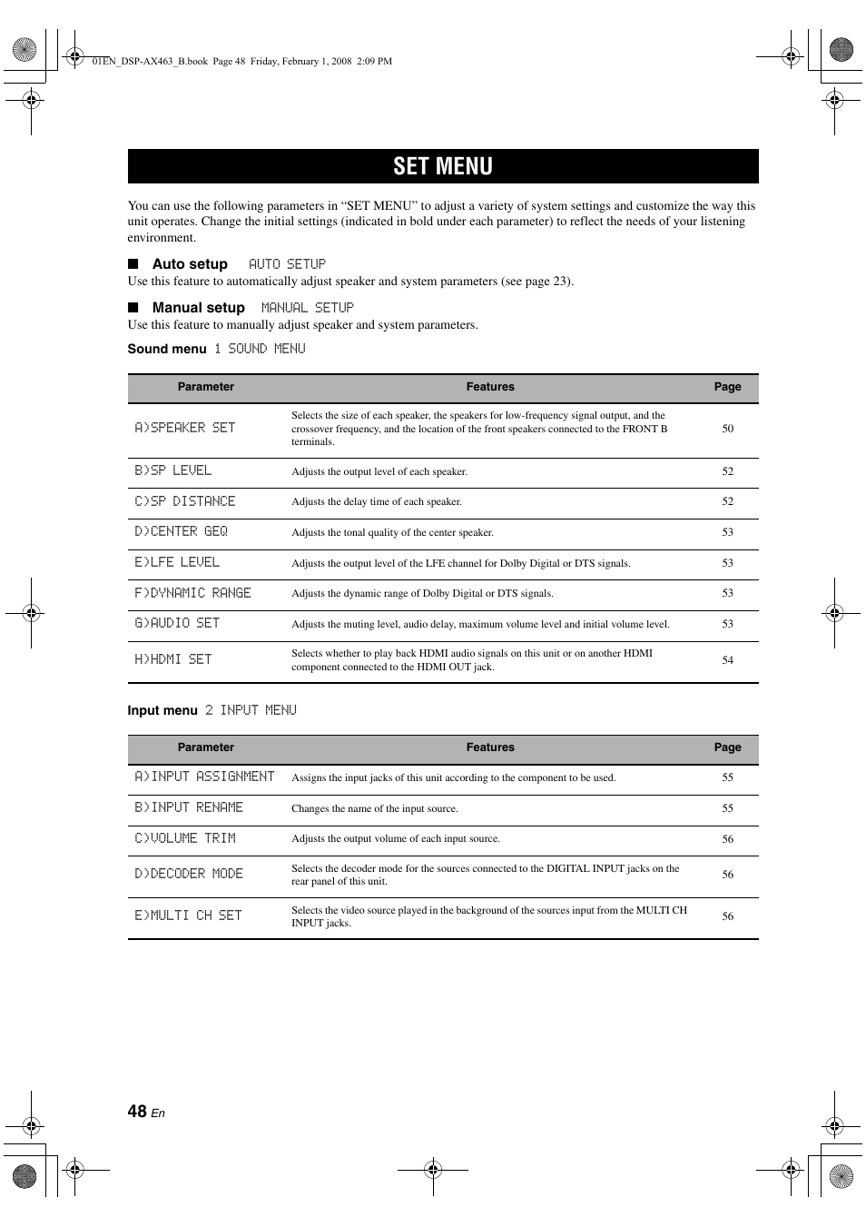 Set menu, P. 48 | Yamaha DSP-AX463 User Manual | Page 50 / 90