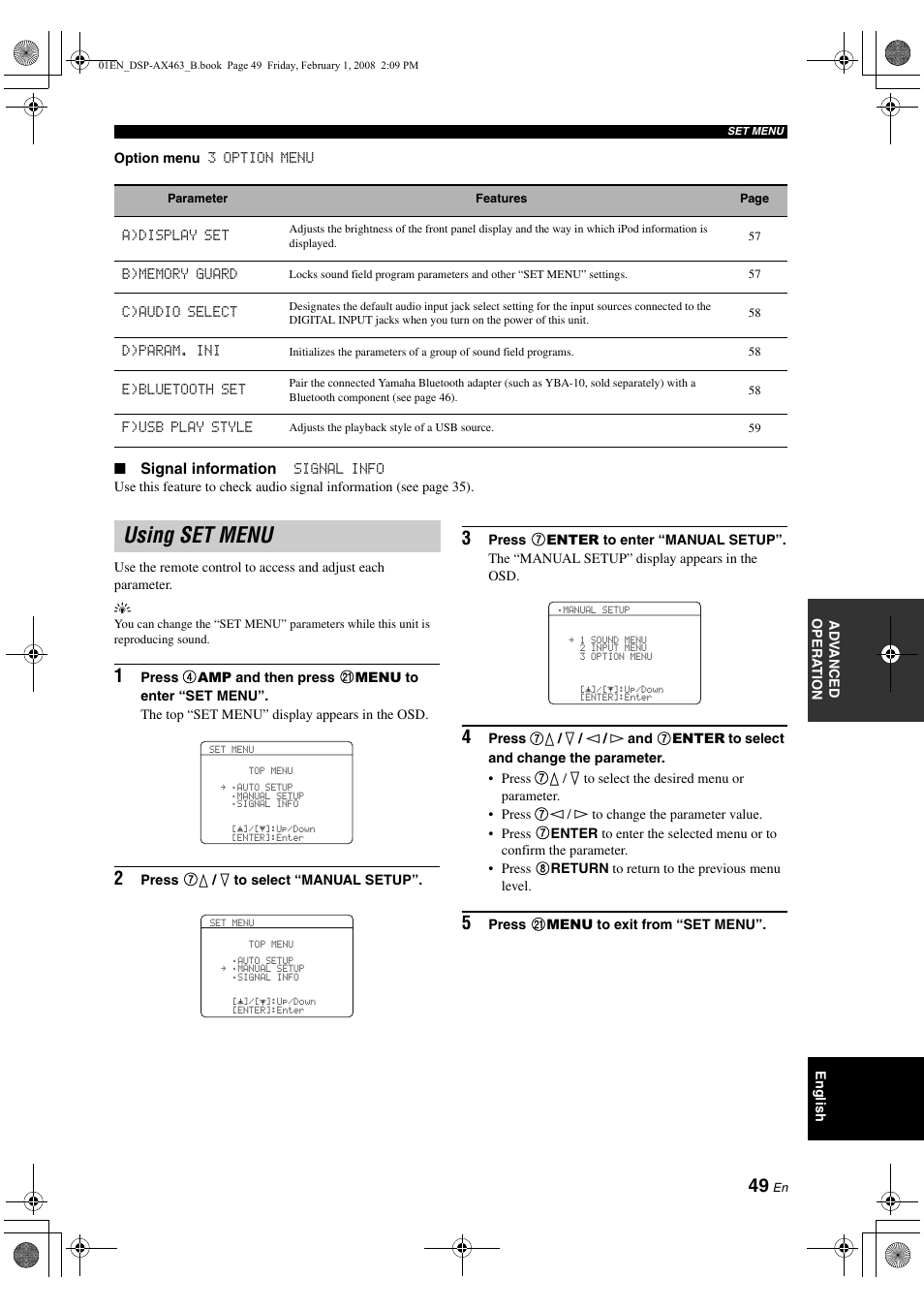 Using set menu | Yamaha DSP-AX463 User Manual | Page 51 / 90