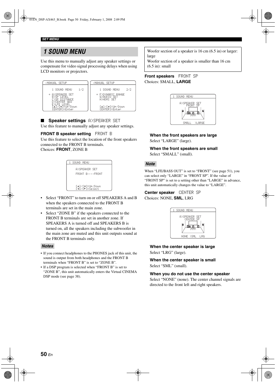 1 sound menu, Speaker settings | Yamaha DSP-AX463 User Manual | Page 52 / 90
