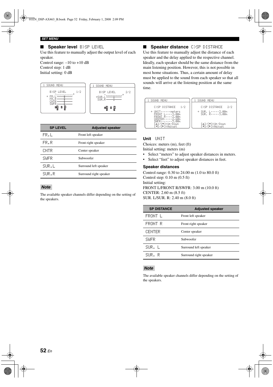 Speaker level, Speaker distance | Yamaha DSP-AX463 User Manual | Page 54 / 90