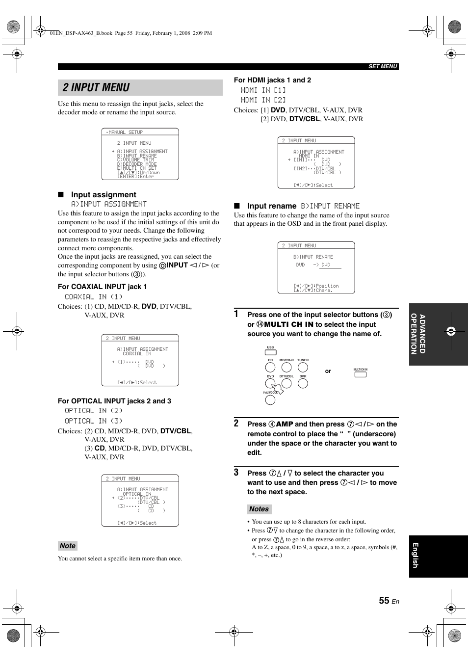 2 input menu, Input assignment, Input rename | Yamaha DSP-AX463 User Manual | Page 57 / 90