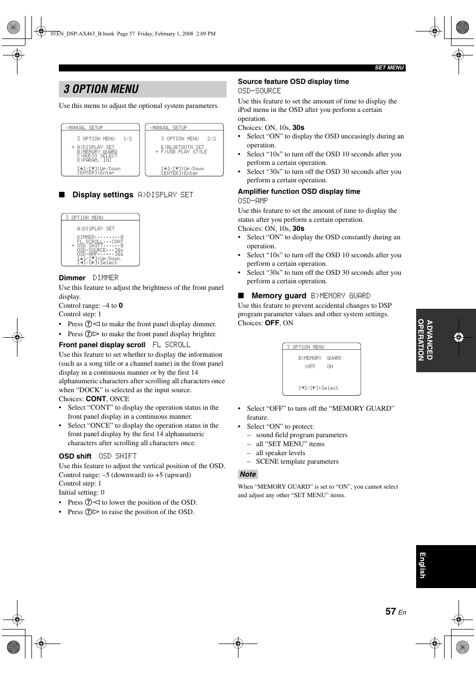 3 option menu | Yamaha DSP-AX463 User Manual | Page 59 / 90