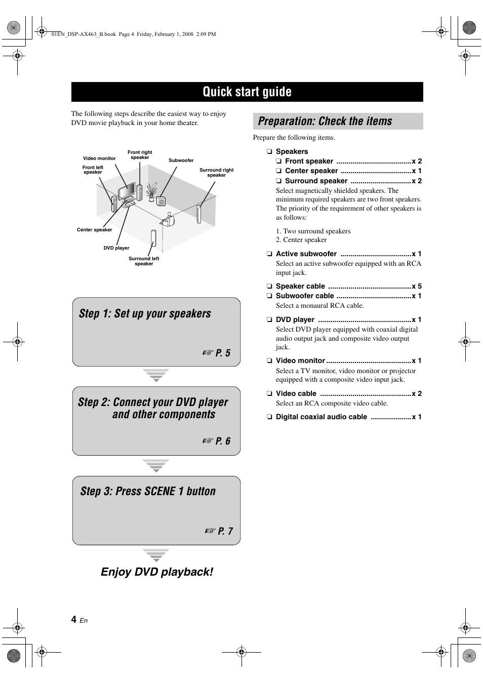 Quick start guide, Preparation: check the items, P. 6 | P. 7, P. 5 | Yamaha DSP-AX463 User Manual | Page 6 / 90