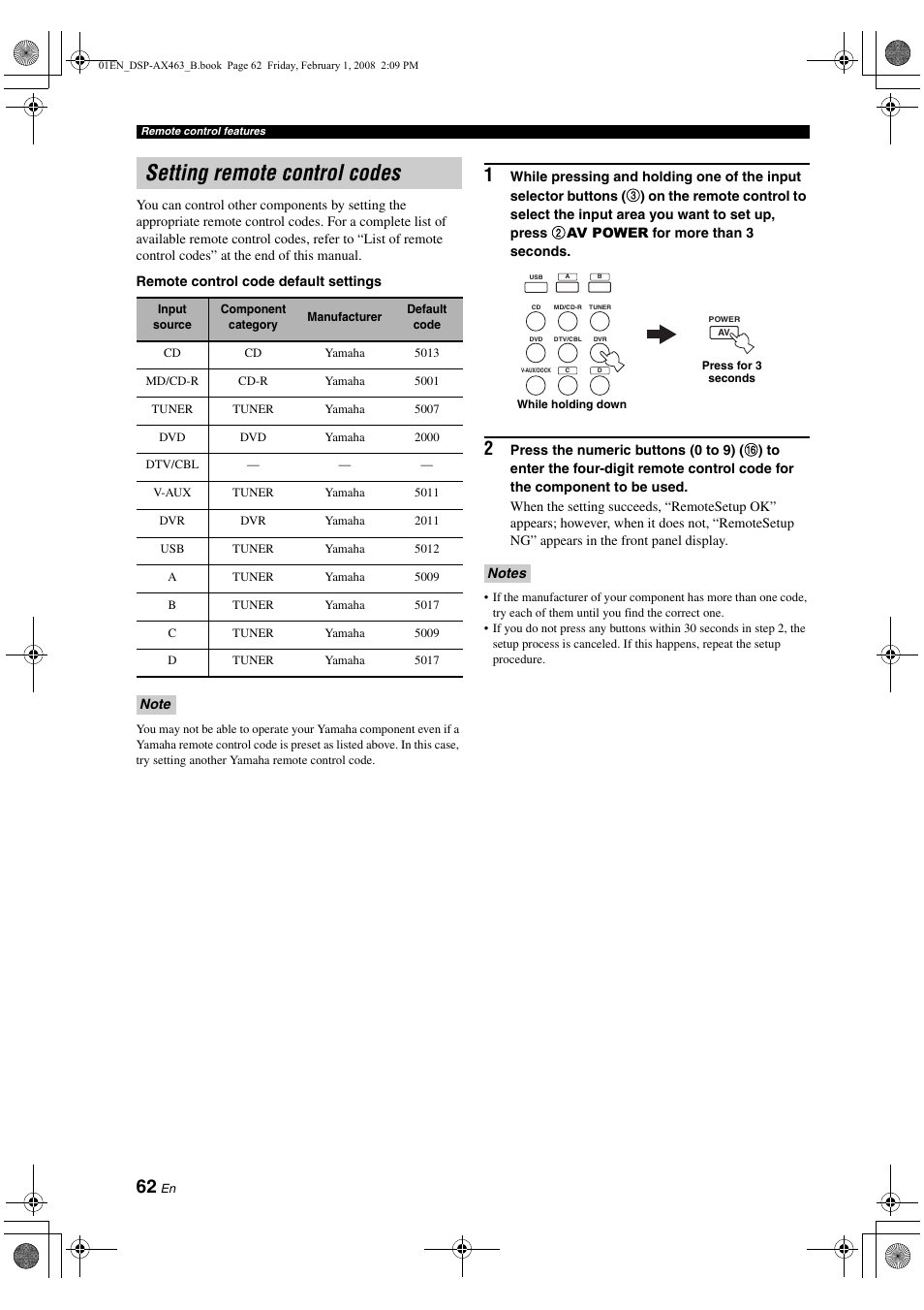 Setting remote control codes | Yamaha DSP-AX463 User Manual | Page 64 / 90