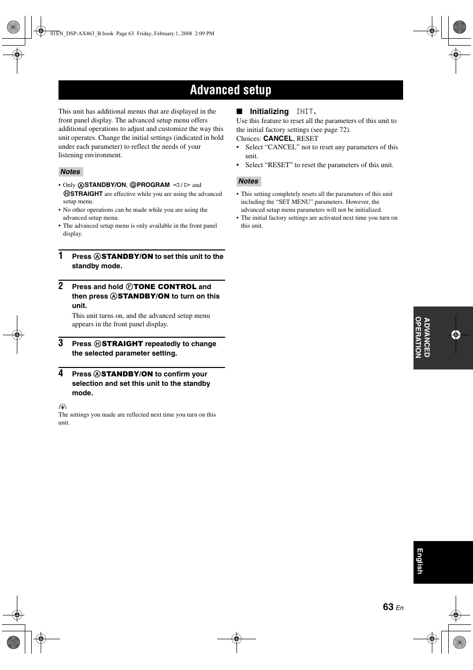 Advanced setup, P. 63 | Yamaha DSP-AX463 User Manual | Page 65 / 90