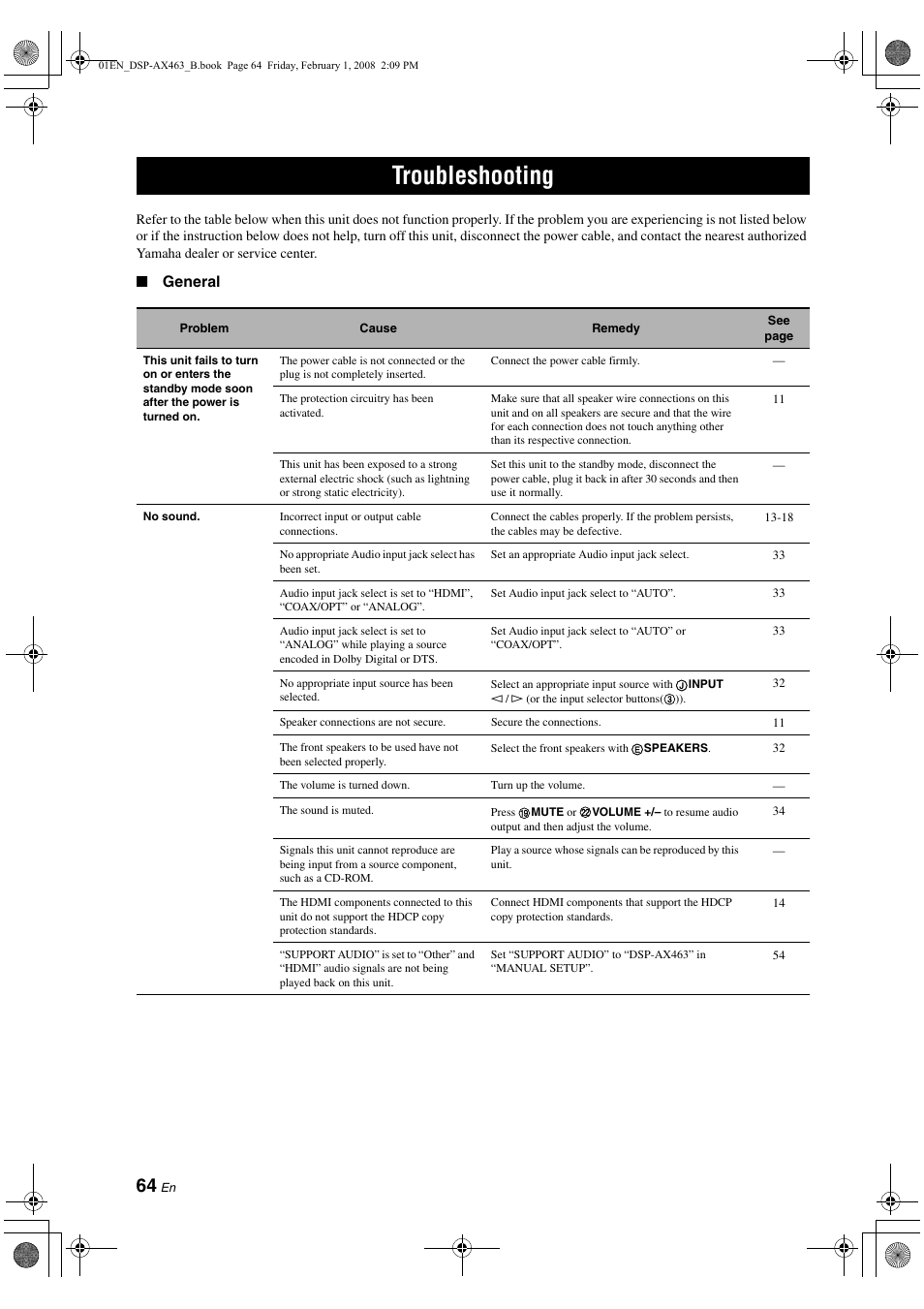 Troubleshooting, Troubleshooting” on pag | Yamaha DSP-AX463 User Manual | Page 66 / 90