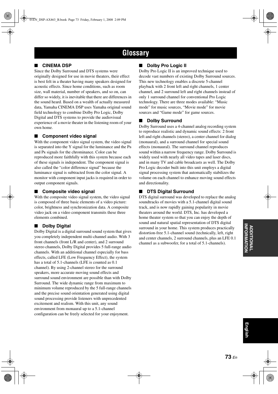 Glossary | Yamaha DSP-AX463 User Manual | Page 75 / 90