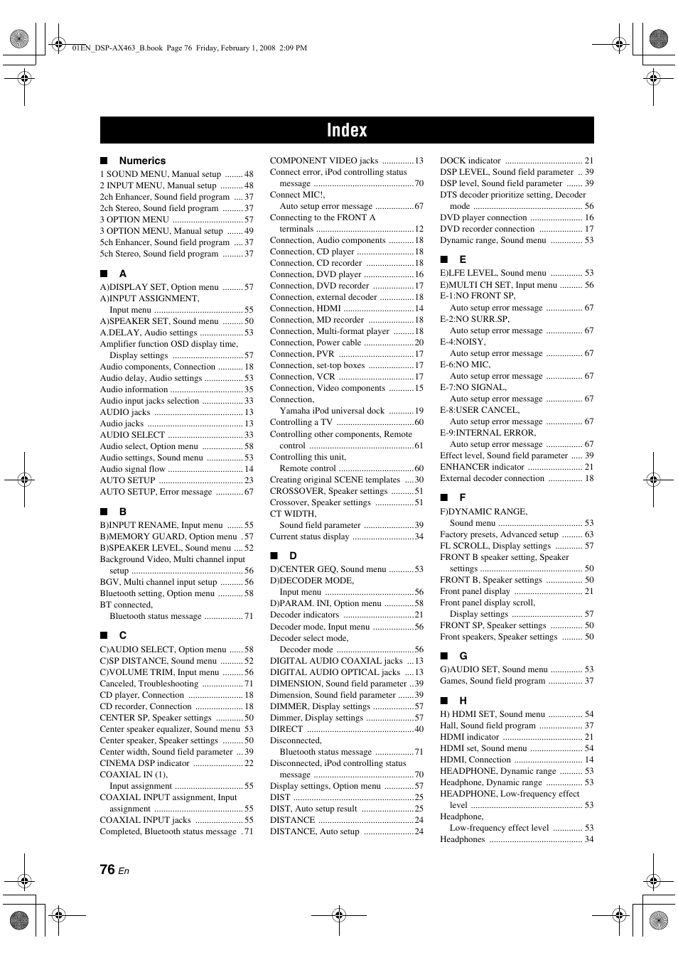 Index | Yamaha DSP-AX463 User Manual | Page 78 / 90