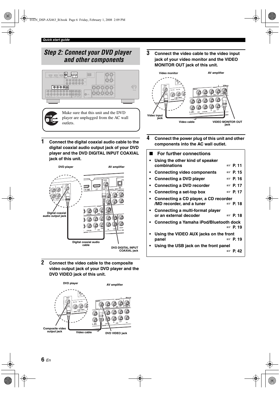 Step 2: connect your dvd player and, Other components, Step 2: connect your dvd player | And other components, P. 6 | Yamaha DSP-AX463 User Manual | Page 8 / 90