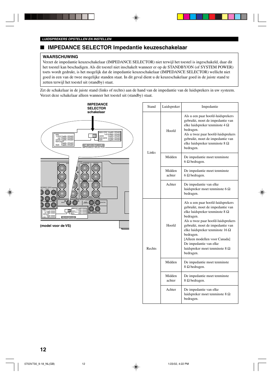 Impedance selector impedantie keuzeschakelaar, Luidsprekers opstellen en instellen | Yamaha RX-V730RDS User Manual | Page 14 / 71
