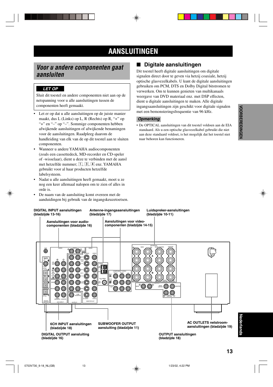 Aansluitingen, Voor u andere componenten gaat aansluiten, Digitale aansluitingen | Yamaha RX-V730RDS User Manual | Page 15 / 71