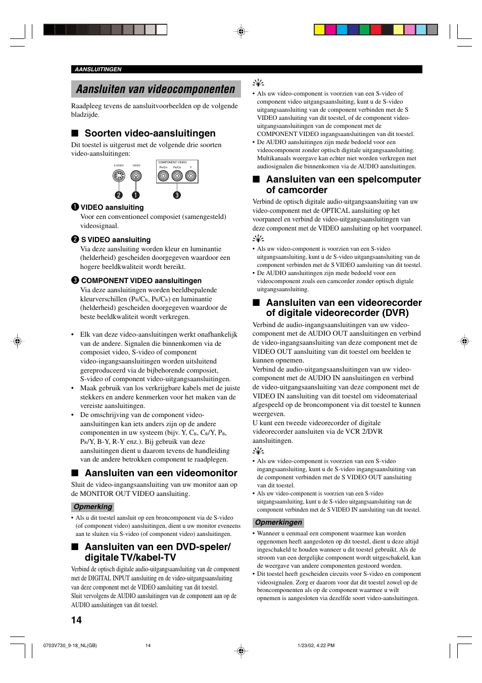 Aansluiten van videocomponenten, Soorten video-aansluitingen, Aansluiten van een videomonitor | Aansluiten van een spelcomputer of camcorder | Yamaha RX-V730RDS User Manual | Page 16 / 71