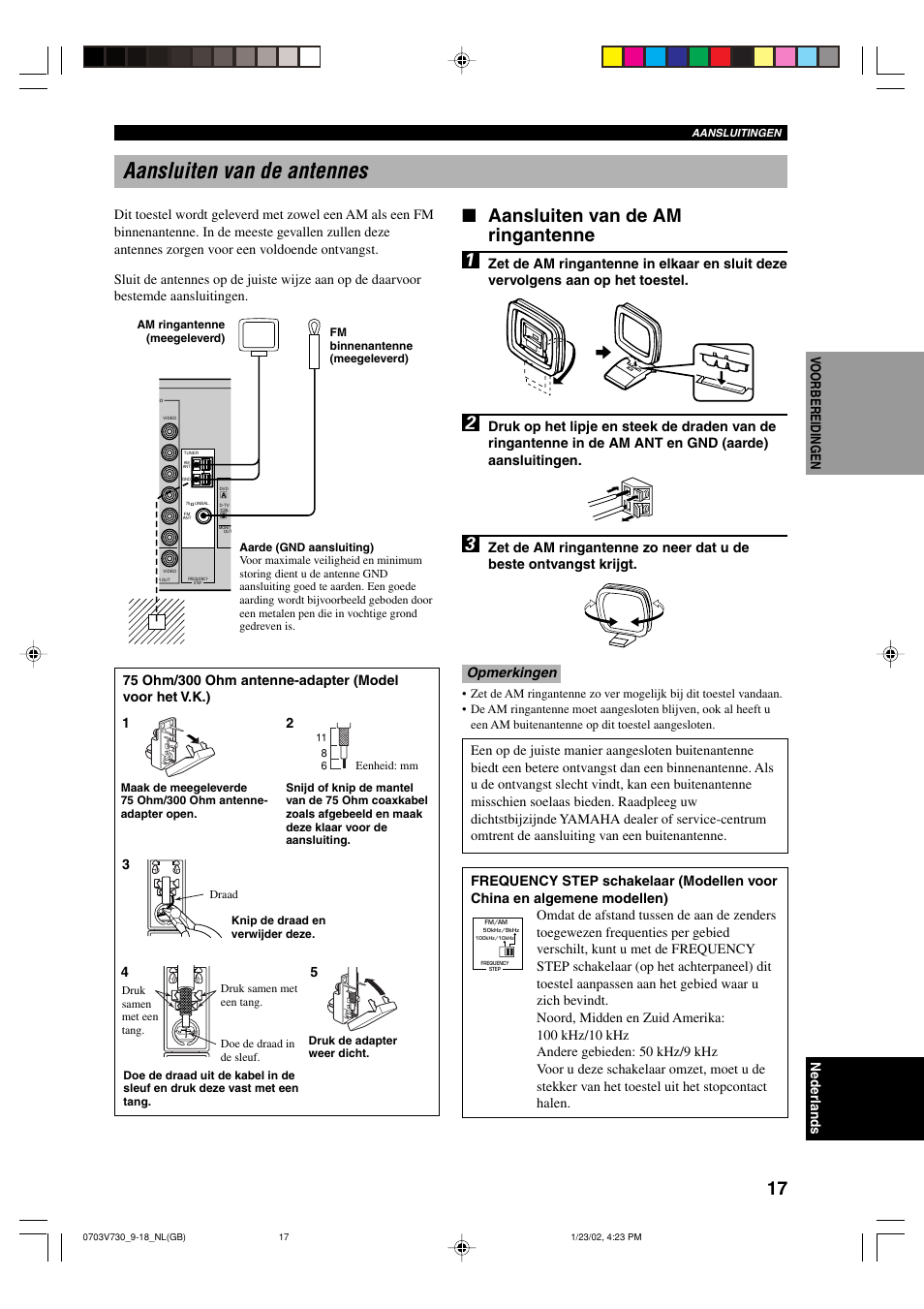 Aansluiten van de antennes, Aansluiten van de am ringantenne | Yamaha RX-V730RDS User Manual | Page 19 / 71