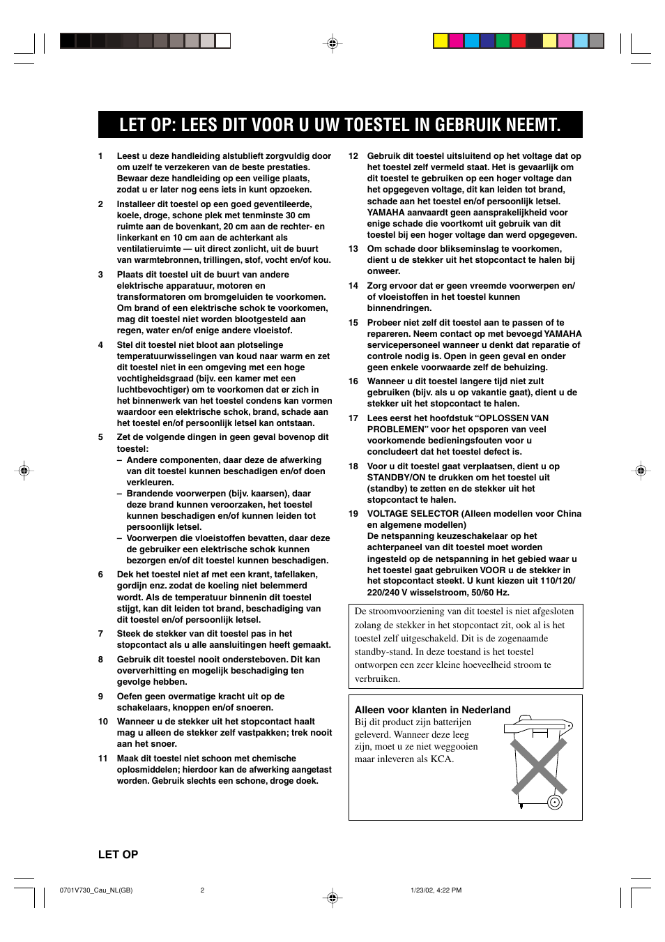 Let op | Yamaha RX-V730RDS User Manual | Page 2 / 71