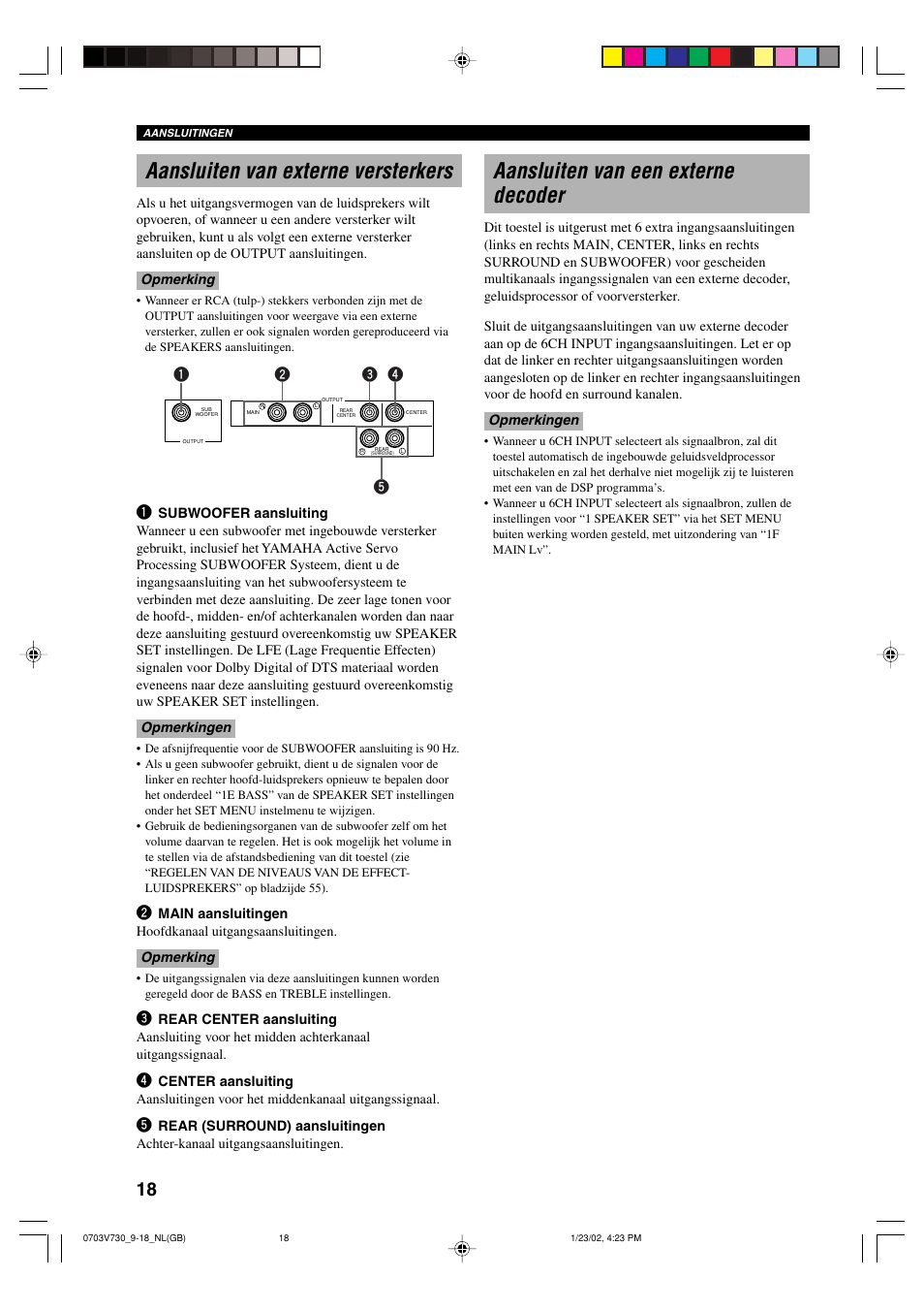 Aansluiten van externe versterkers, Aansluiten van een externe decoder | Yamaha RX-V730RDS User Manual | Page 20 / 71