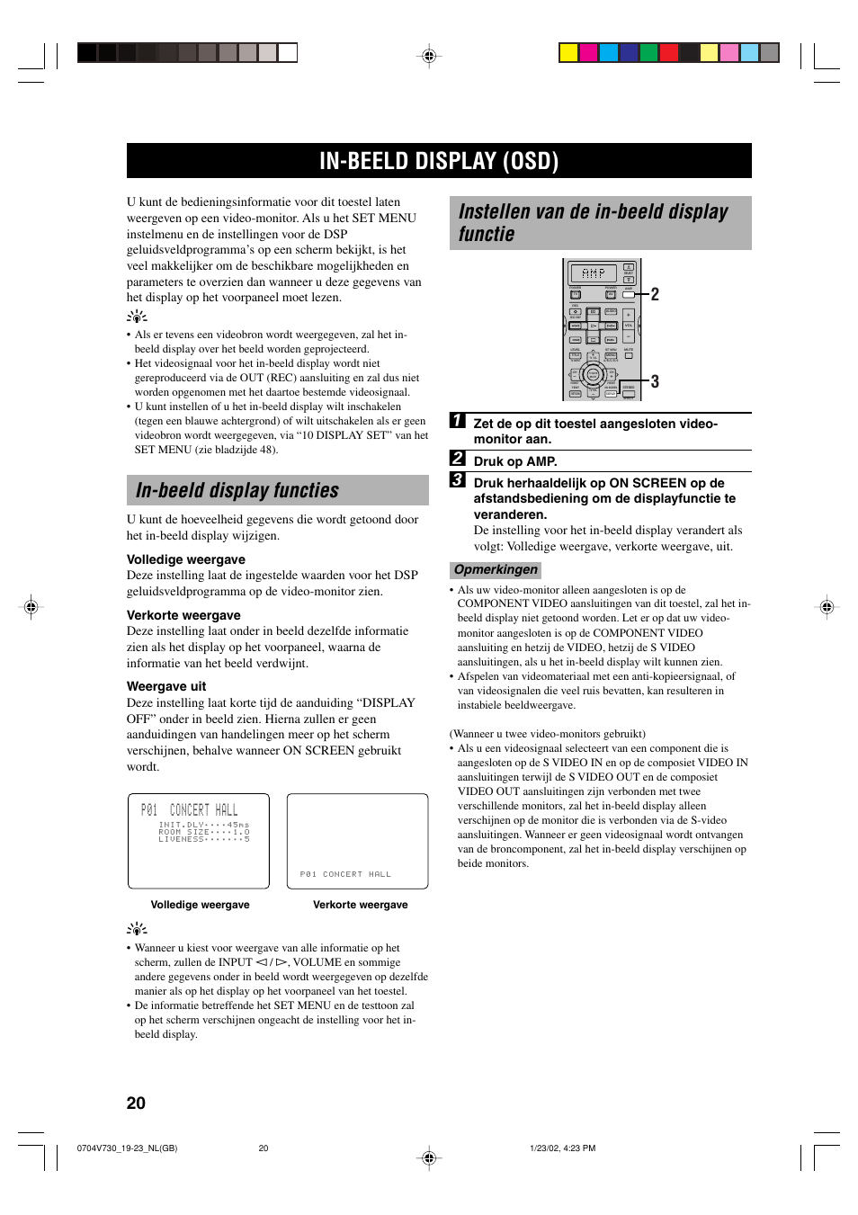 In-beeld display (osd), Instellen van de in-beeld display functie, In-beeld display functies | P01 concert hall, Druk op amp | Yamaha RX-V730RDS User Manual | Page 22 / 71