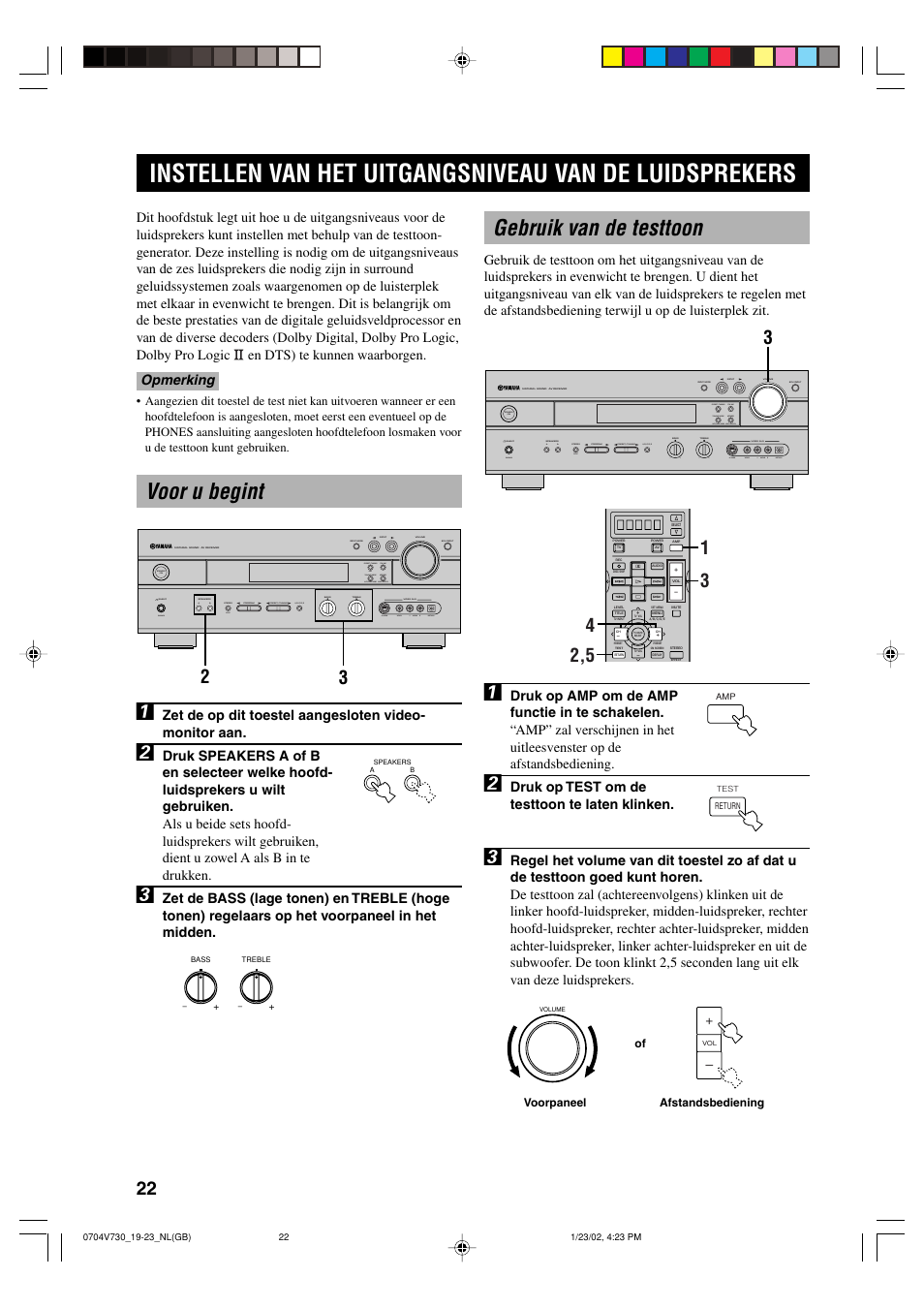 Gebruik van de testtoon, Voor u begint 1, Druk op test om de testtoon te laten klinken | Yamaha RX-V730RDS User Manual | Page 24 / 71