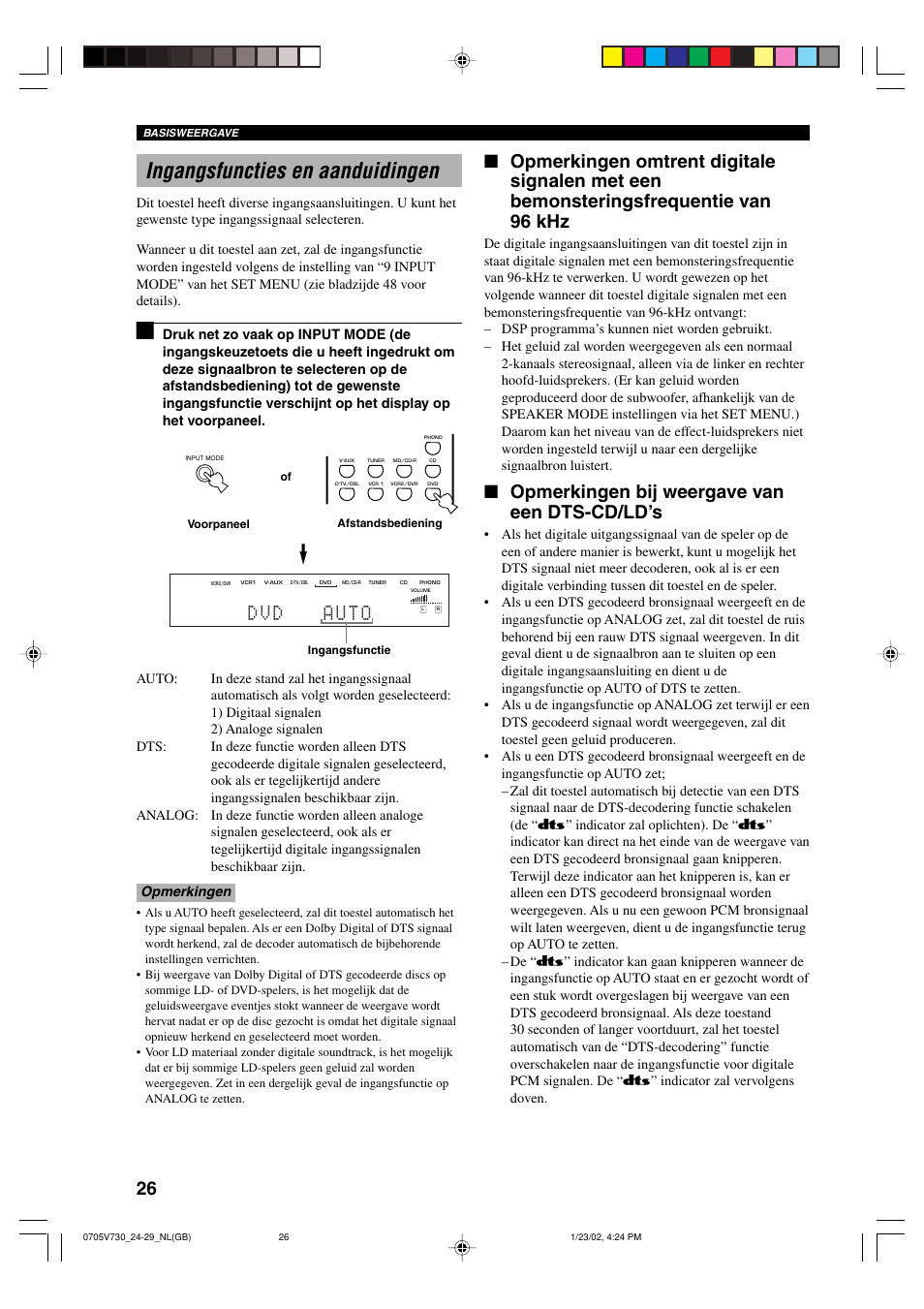 Ingangsfuncties en aanduidingen, Opmerkingen bij weergave van een dts-cd/ld’s | Yamaha RX-V730RDS User Manual | Page 28 / 71