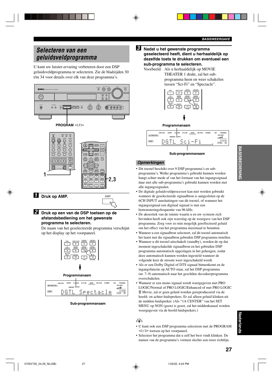 Selecteren van een geluidsveldprogramma, Basisbediening, Druk op amp | Program l / h, Basisweergave | Yamaha RX-V730RDS User Manual | Page 29 / 71