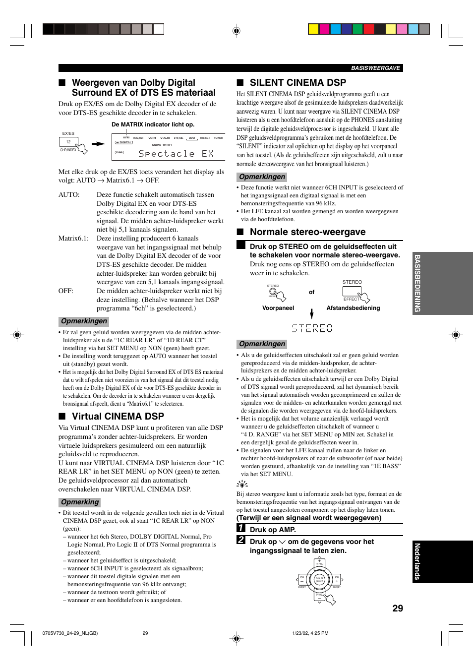 Virtual cinema dsp, Silent cinema dsp, Normale stereo-weergave | Yamaha RX-V730RDS User Manual | Page 31 / 71