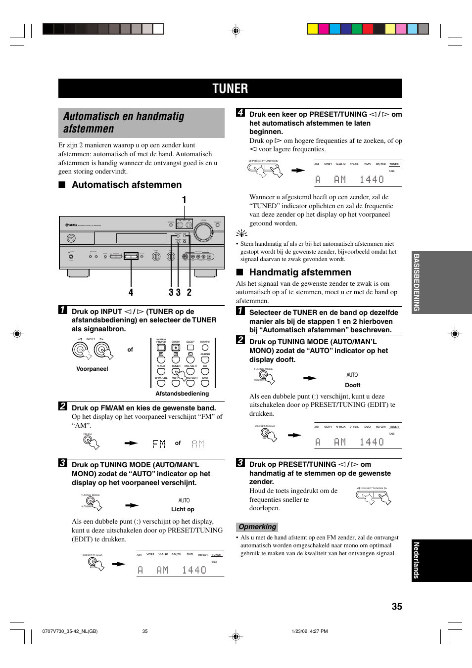 Tuner, Automatisch en handmatig afstemmen, Handmatig afstemmen | Automatisch afstemmen, Aa m 1 4 4 o | Yamaha RX-V730RDS User Manual | Page 37 / 71