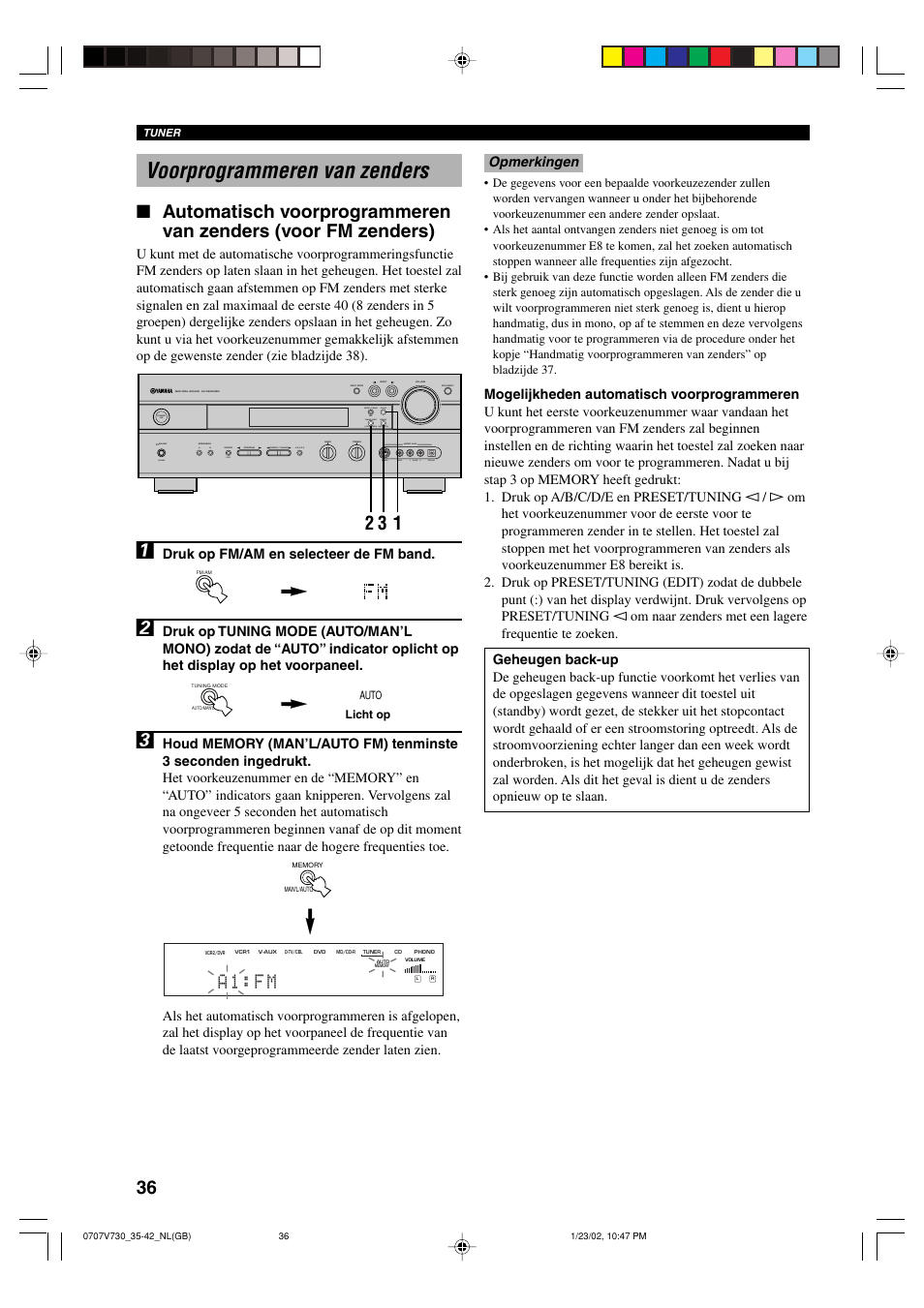 Voorprogrammeren van zenders, A 1 : f m | Yamaha RX-V730RDS User Manual | Page 38 / 71