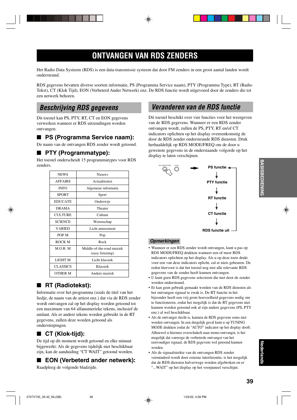 Ontvangen van rds zenders, Beschrijving rds gegevens, Veranderen van de rds functie | Ps (programma service naam), Pty (programmatype), Rt (radiotekst), Ct (klok-tijd), Eon (verbeterd ander netwerk) | Yamaha RX-V730RDS User Manual | Page 41 / 71