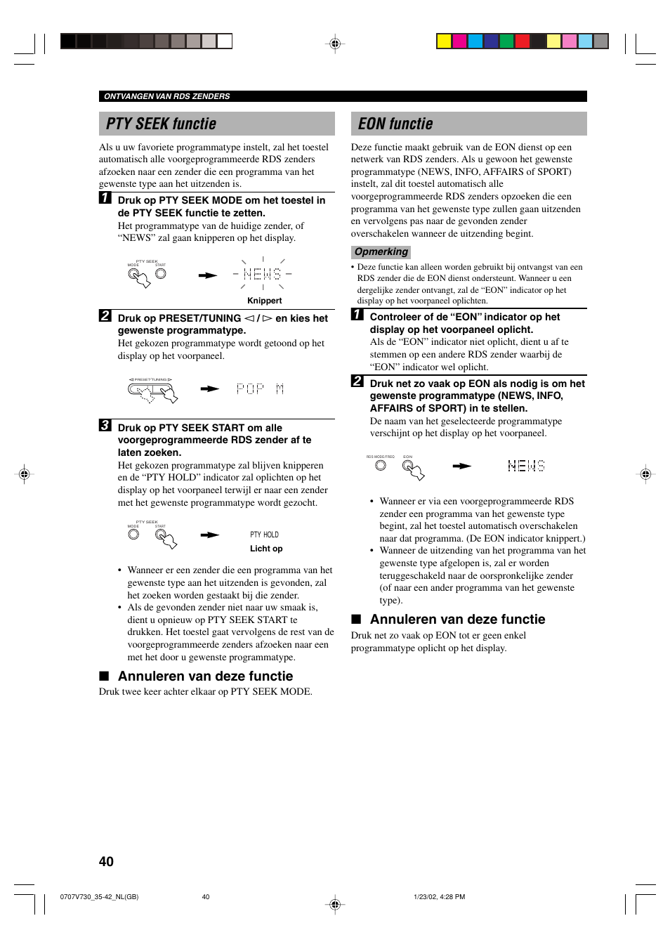 Pty seek functie, Eon functie, Annuleren van deze functie | Yamaha RX-V730RDS User Manual | Page 42 / 71
