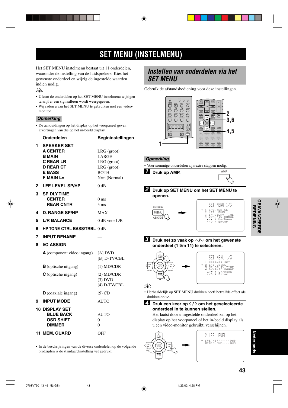 Set menu (instelmenu), Instellen van onderdelen via het set menu, 2 lfe level | Set menu 1/3, Druk op amp, Druk op set menu om het set menu te openen, Opmerking | Yamaha RX-V730RDS User Manual | Page 45 / 71