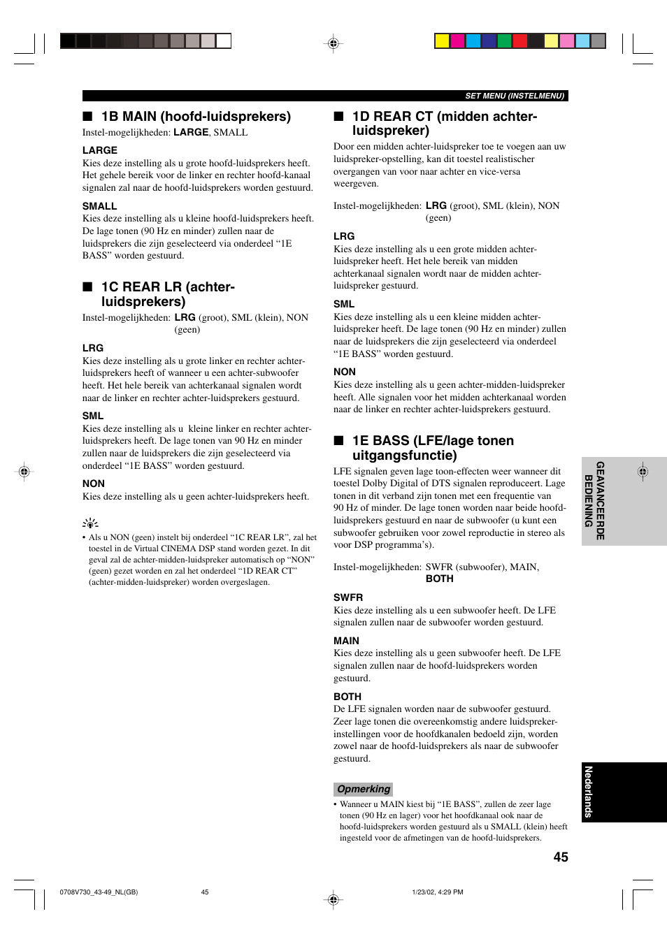 1b main (hoofd-luidsprekers), 1c rear lr (achter- luidsprekers), 1d rear ct (midden achter- luidspreker) | 1e bass (lfe/lage tonen uitgangsfunctie) | Yamaha RX-V730RDS User Manual | Page 47 / 71