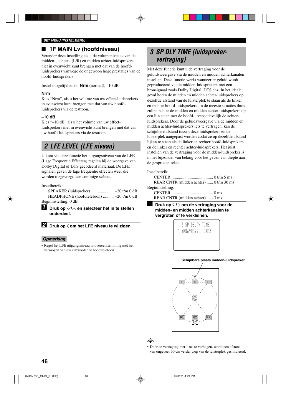 3 sp dly time (luidspreker- vertraging), 2 lfe level (lfe niveau), 1f main lv (hoofdniveau) | 3 sp delay time | Yamaha RX-V730RDS User Manual | Page 48 / 71