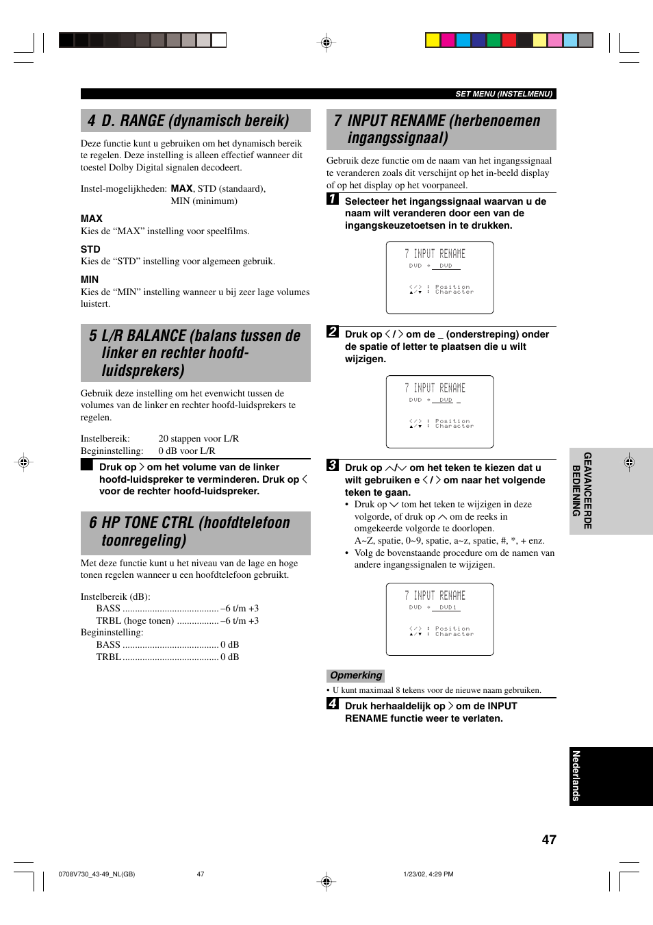 4 d. range (dynamisch bereik), 6 hp tone ctrl (hoofdtelefoon toonregeling), 7 input rename (herbenoemen ingangssignaal) | 7 input rename | Yamaha RX-V730RDS User Manual | Page 49 / 71