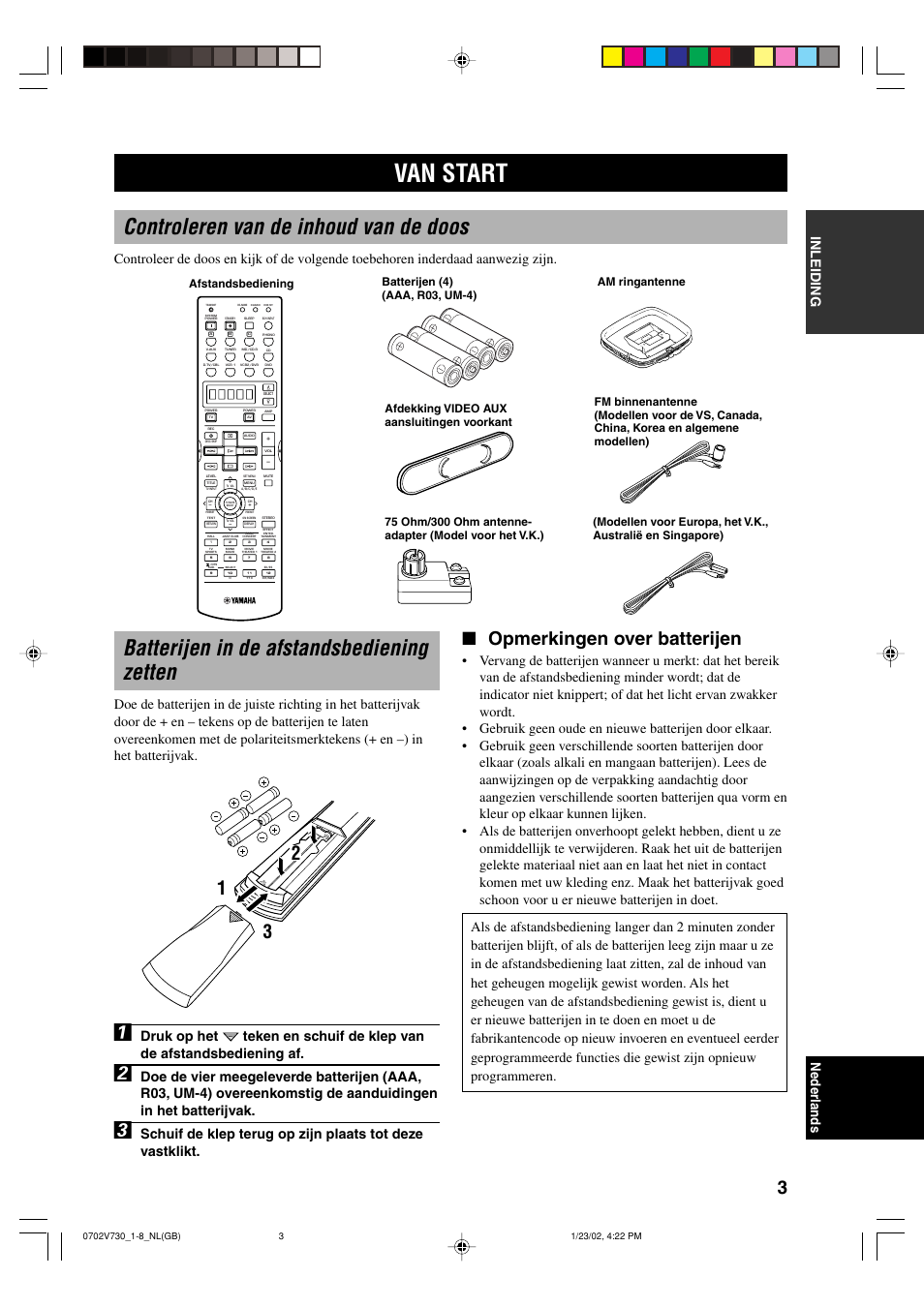 Van start, Batterijen in de afstandsbediening zetten, Controleren van de inhoud van de doos | Opmerkingen over batterijen | Yamaha RX-V730RDS User Manual | Page 5 / 71