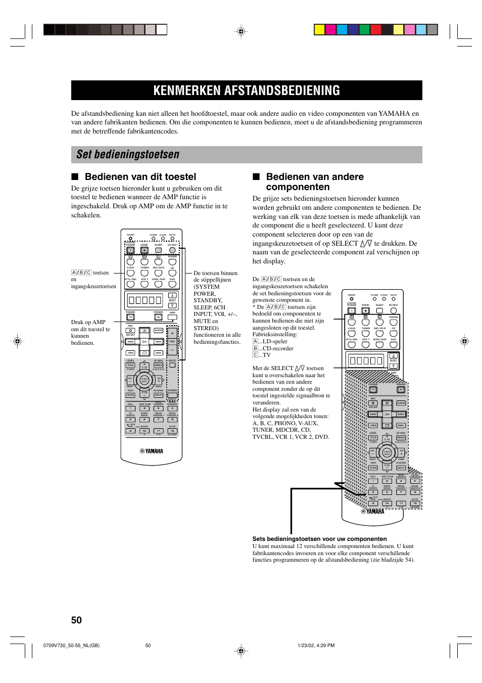 Kenmerken afstandsbediening, Set bedieningstoetsen, Bedienen van dit toestel | Bedienen van andere componenten, Druk op amp om dit toestel te kunnen bedienen | Yamaha RX-V730RDS User Manual | Page 52 / 71