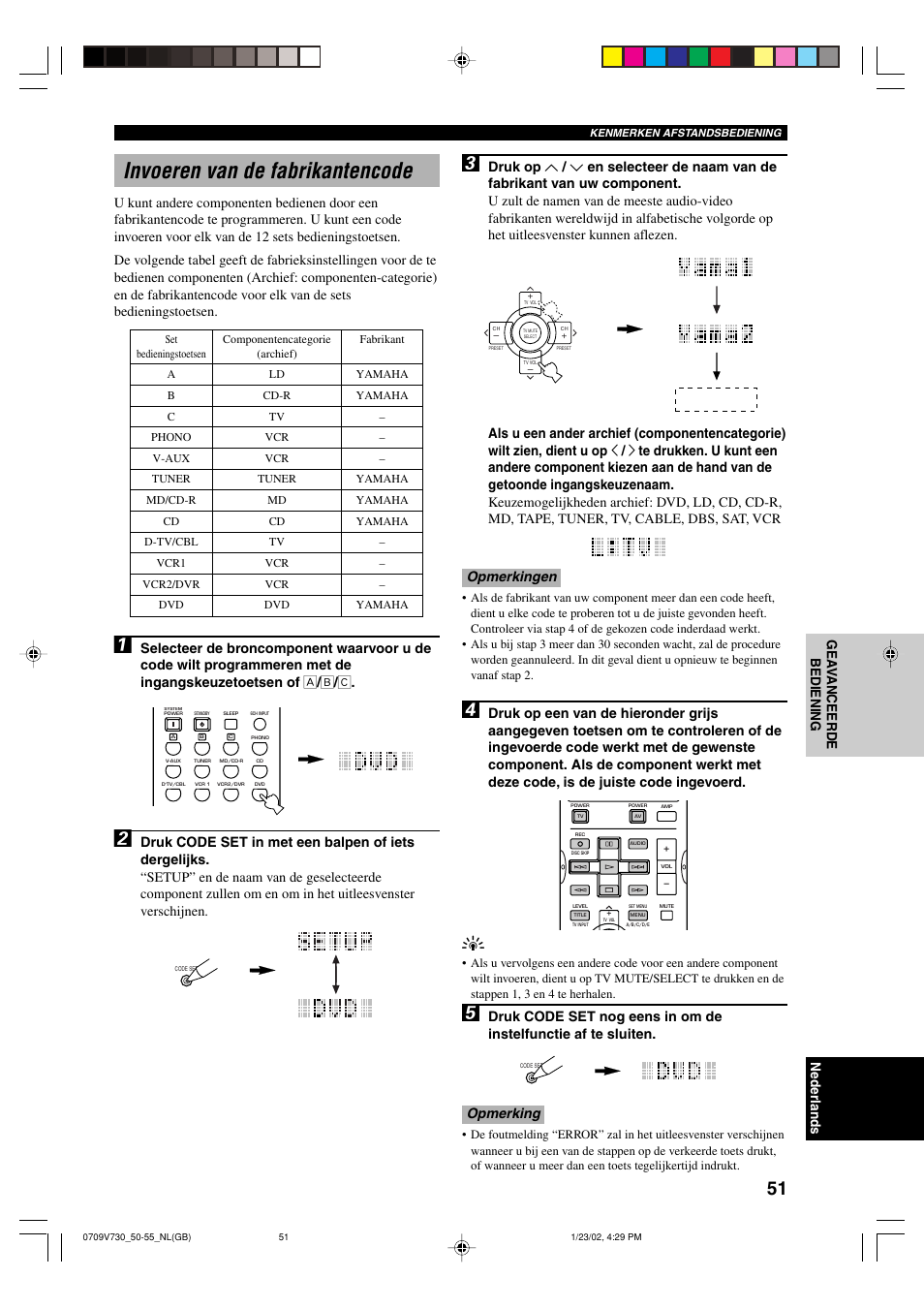 Invoeren van de fabrikantencode | Yamaha RX-V730RDS User Manual | Page 53 / 71