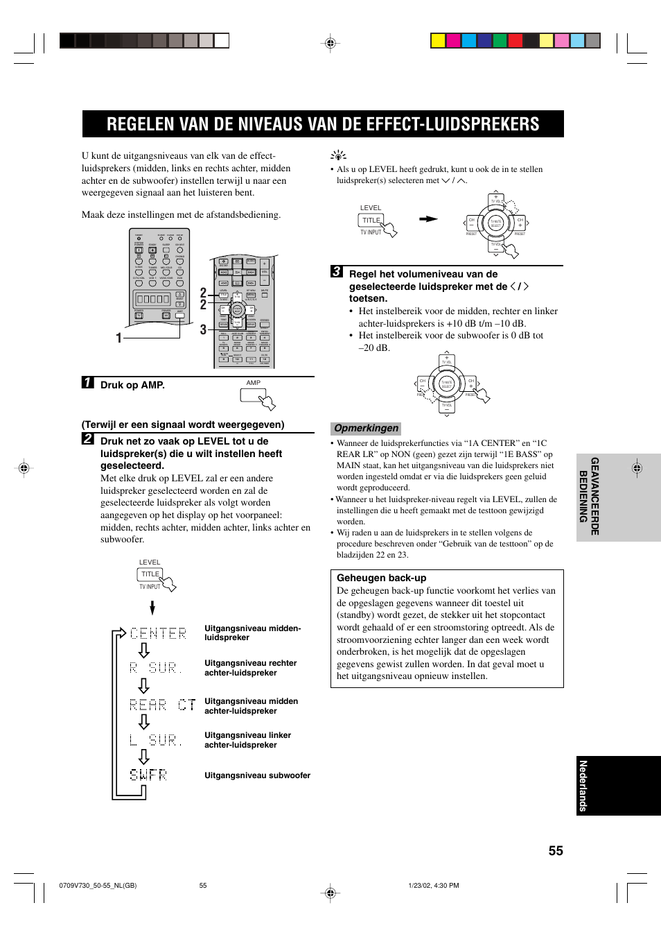 Regelen van de niveaus van de effect-luidsprekers | Yamaha RX-V730RDS User Manual | Page 57 / 71