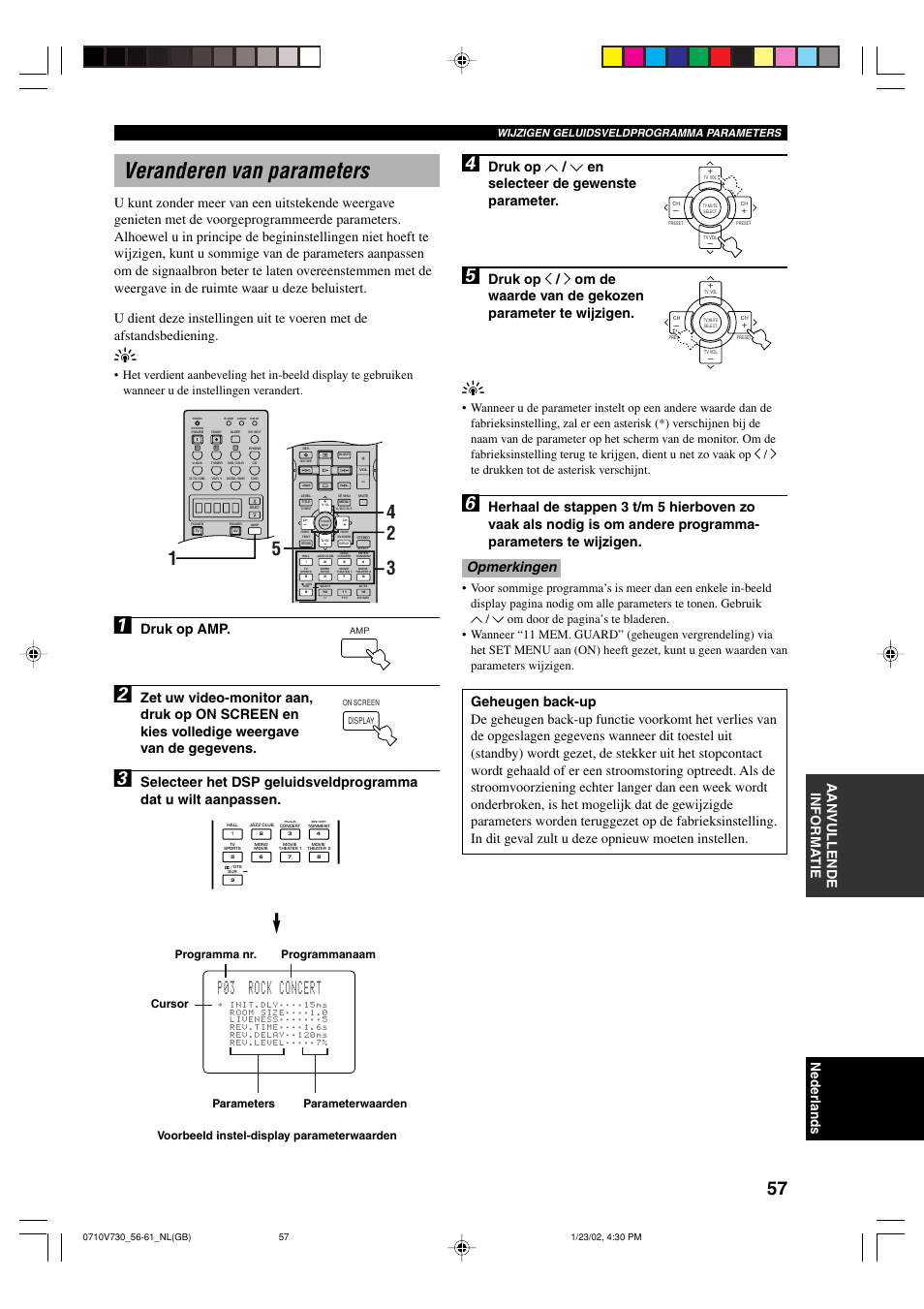 Veranderen van parameters, P03 rock concert, Druk op u / d en selecteer de gewenste parameter | Druk op amp, Wijzigen geluidsveldprogramma parameters | Yamaha RX-V730RDS User Manual | Page 59 / 71