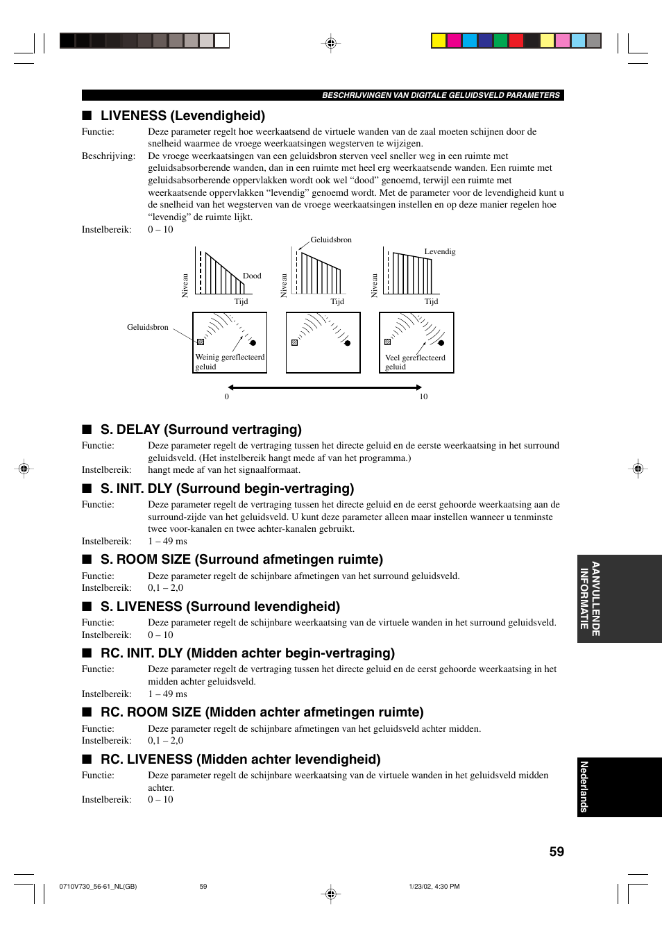 S. delay (surround vertraging), S. init. dly (surround begin-vertraging), S. room size (surround afmetingen ruimte) | S. liveness (surround levendigheid), Rc. init. dly (midden achter begin-vertraging), Rc. room size (midden achter afmetingen ruimte), Rc. liveness (midden achter levendigheid), Liveness (levendigheid) | Yamaha RX-V730RDS User Manual | Page 61 / 71