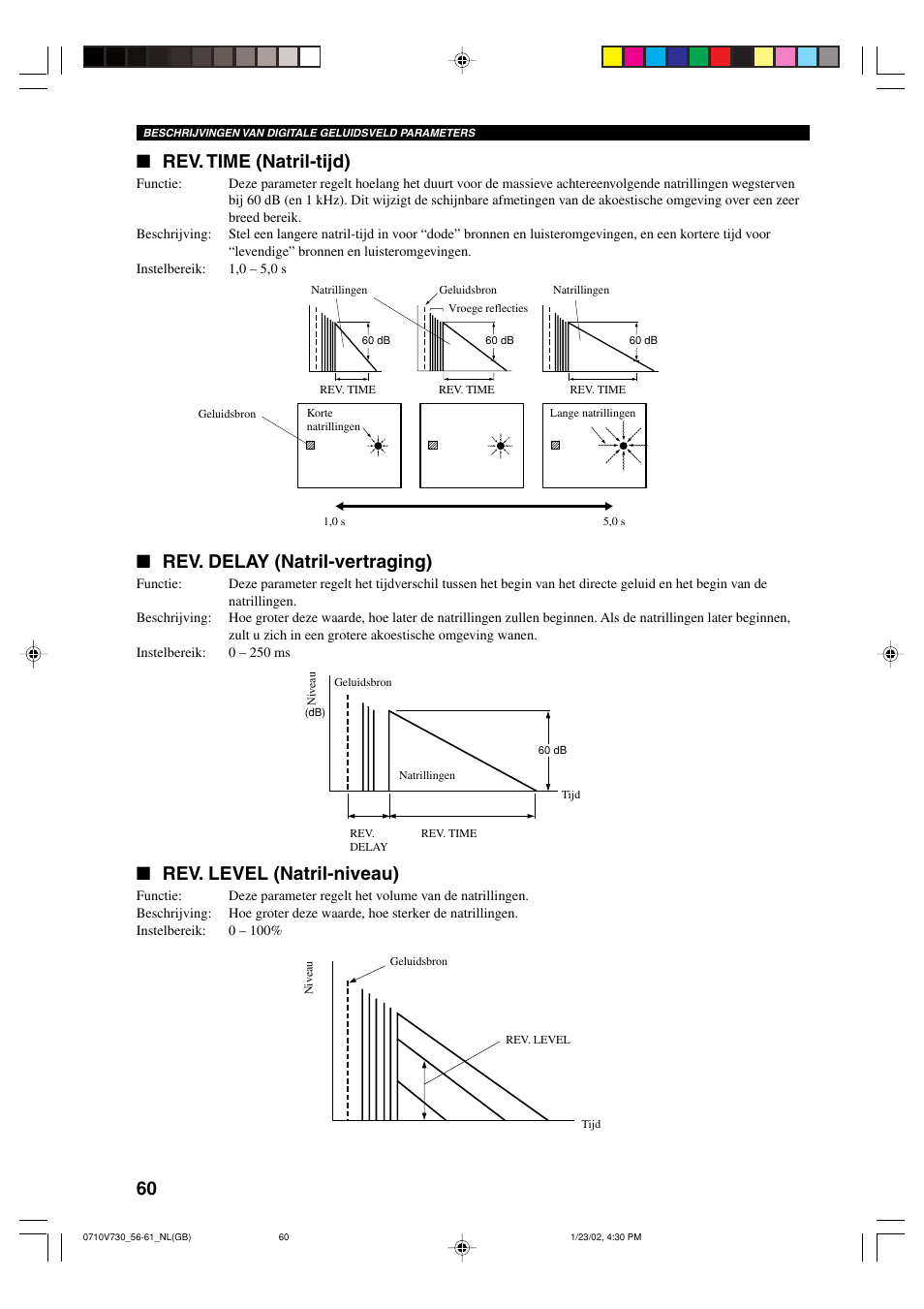 Rev. level (natril-niveau), Rev. delay (natril-vertraging), Rev. time (natril-tijd) | Yamaha RX-V730RDS User Manual | Page 62 / 71