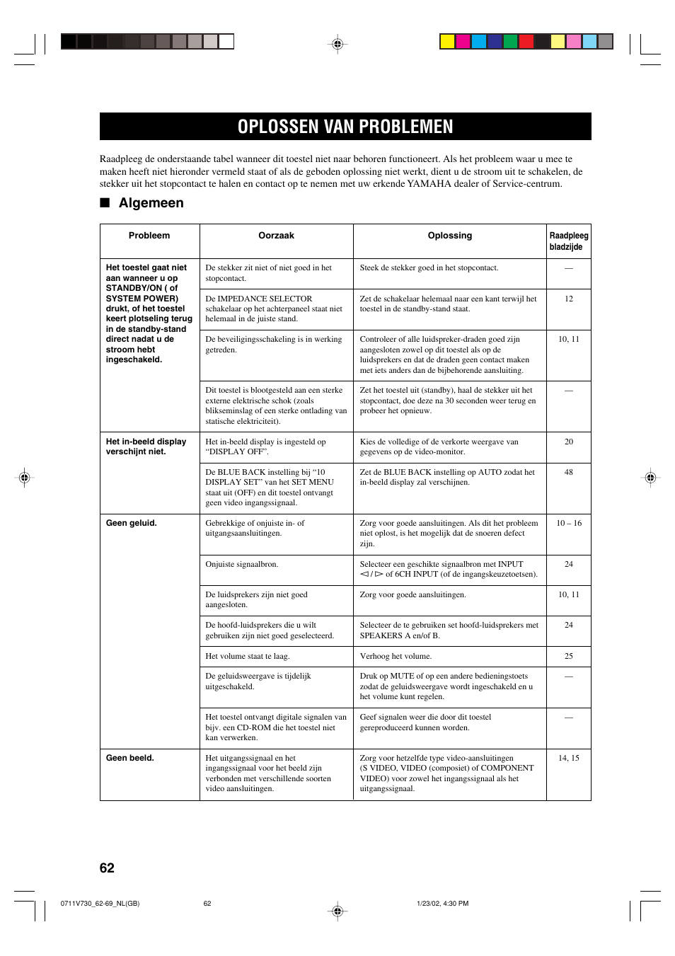Oplossen van problemen, Algemeen | Yamaha RX-V730RDS User Manual | Page 64 / 71