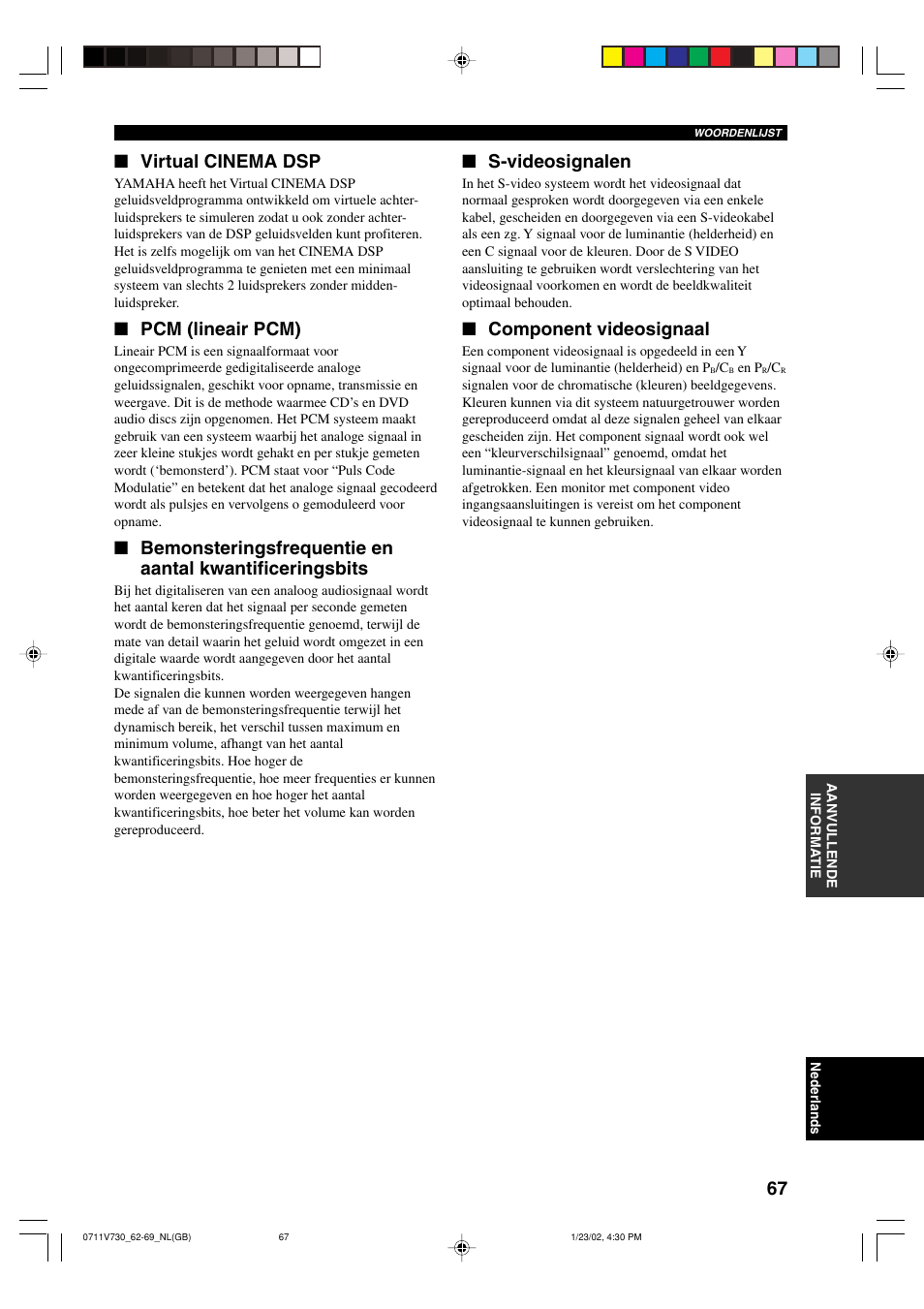 Virtual cinema dsp, Pcm (lineair pcm), S-videosignalen | Component videosignaal | Yamaha RX-V730RDS User Manual | Page 69 / 71