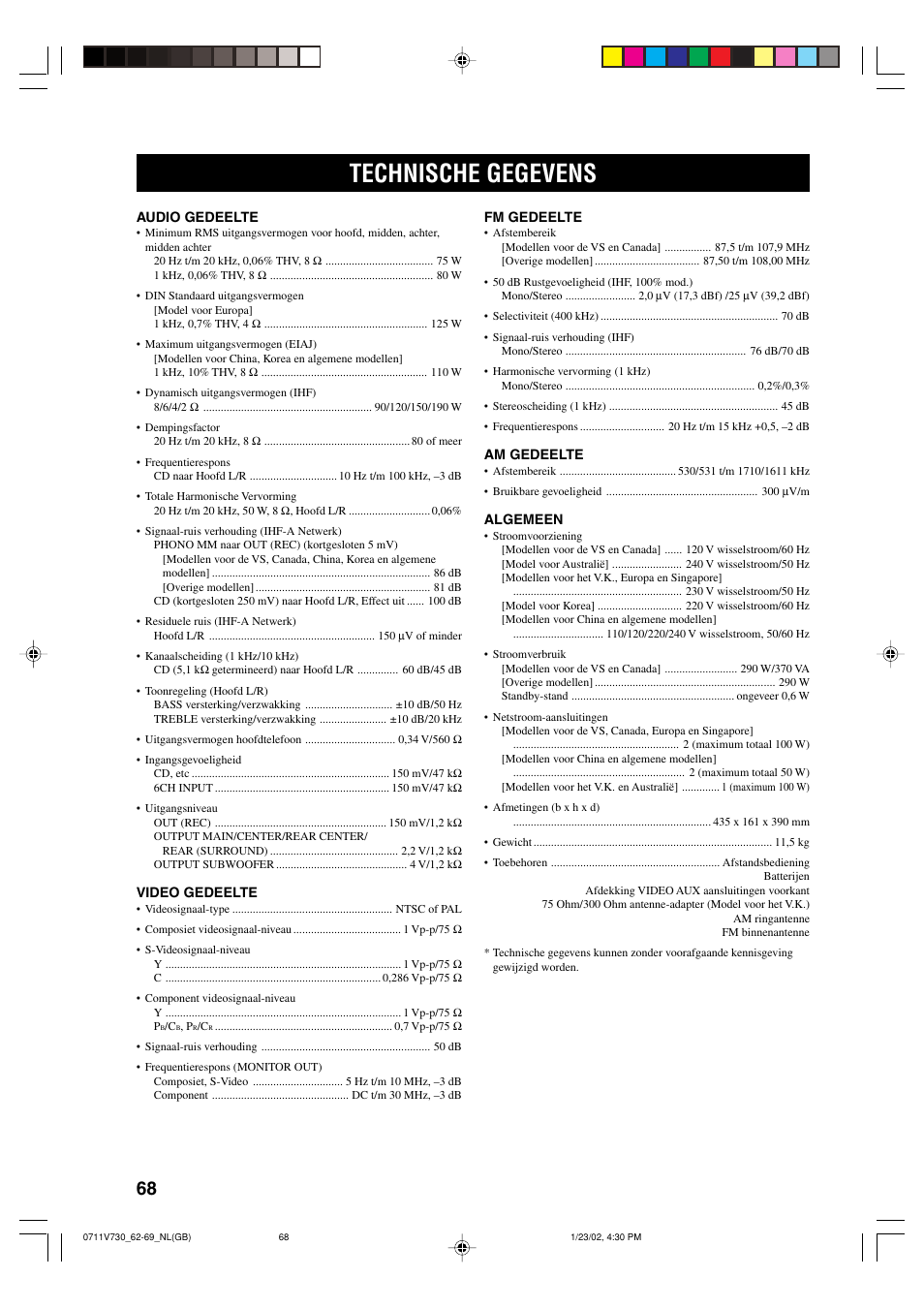 Technische gegevens | Yamaha RX-V730RDS User Manual | Page 70 / 71