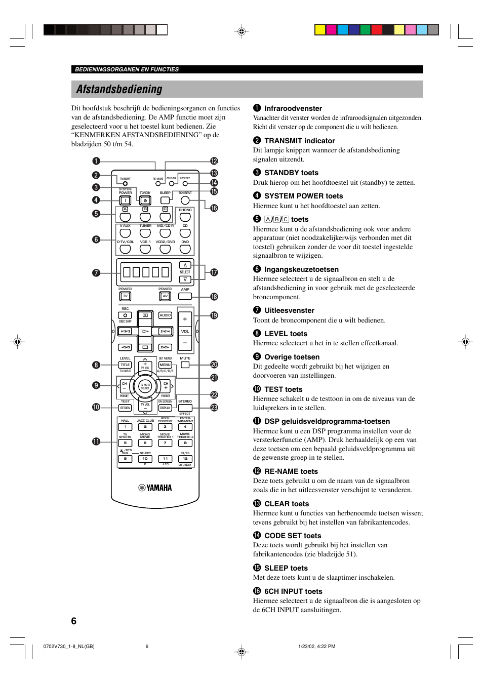 Afstandsbediening | Yamaha RX-V730RDS User Manual | Page 8 / 71