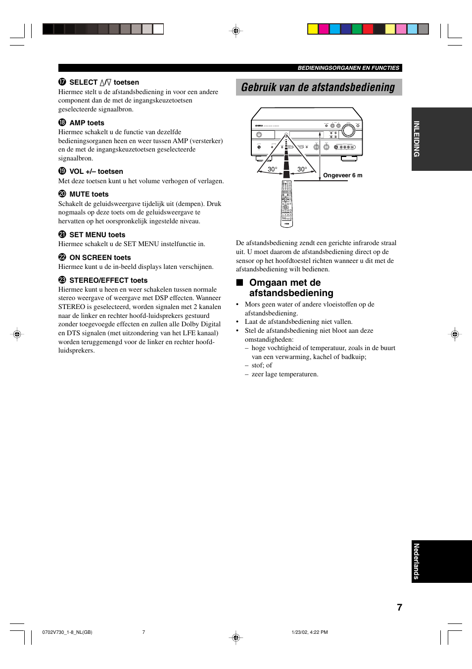 Gebruik van de afstandsbediening, Omgaan met de afstandsbediening | Yamaha RX-V730RDS User Manual | Page 9 / 71