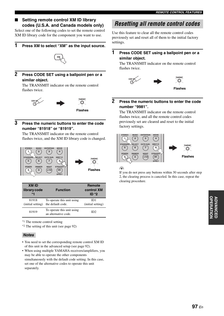 Resetting all remote control codes, Press xm to select “xm” as the input source | Yamaha RX-N600 User Manual | Page 101 / 132